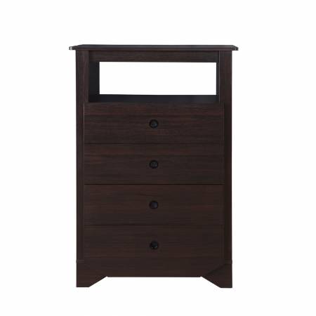 Úložný prostor se čtyřmi zásuvkami a otevřeným prostorem.